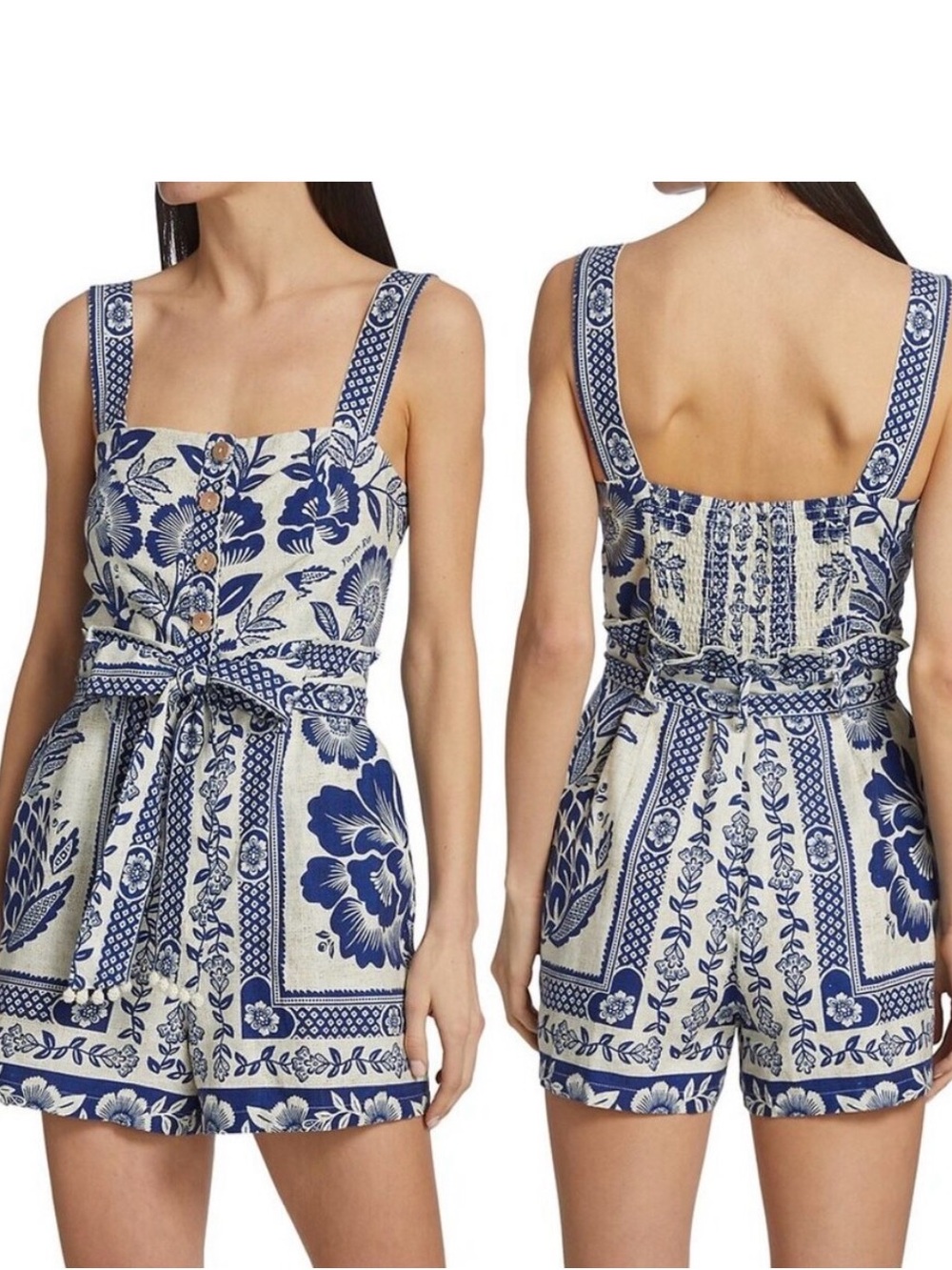 FARM Rio Blue and Cream Floral Button-Front Romper
